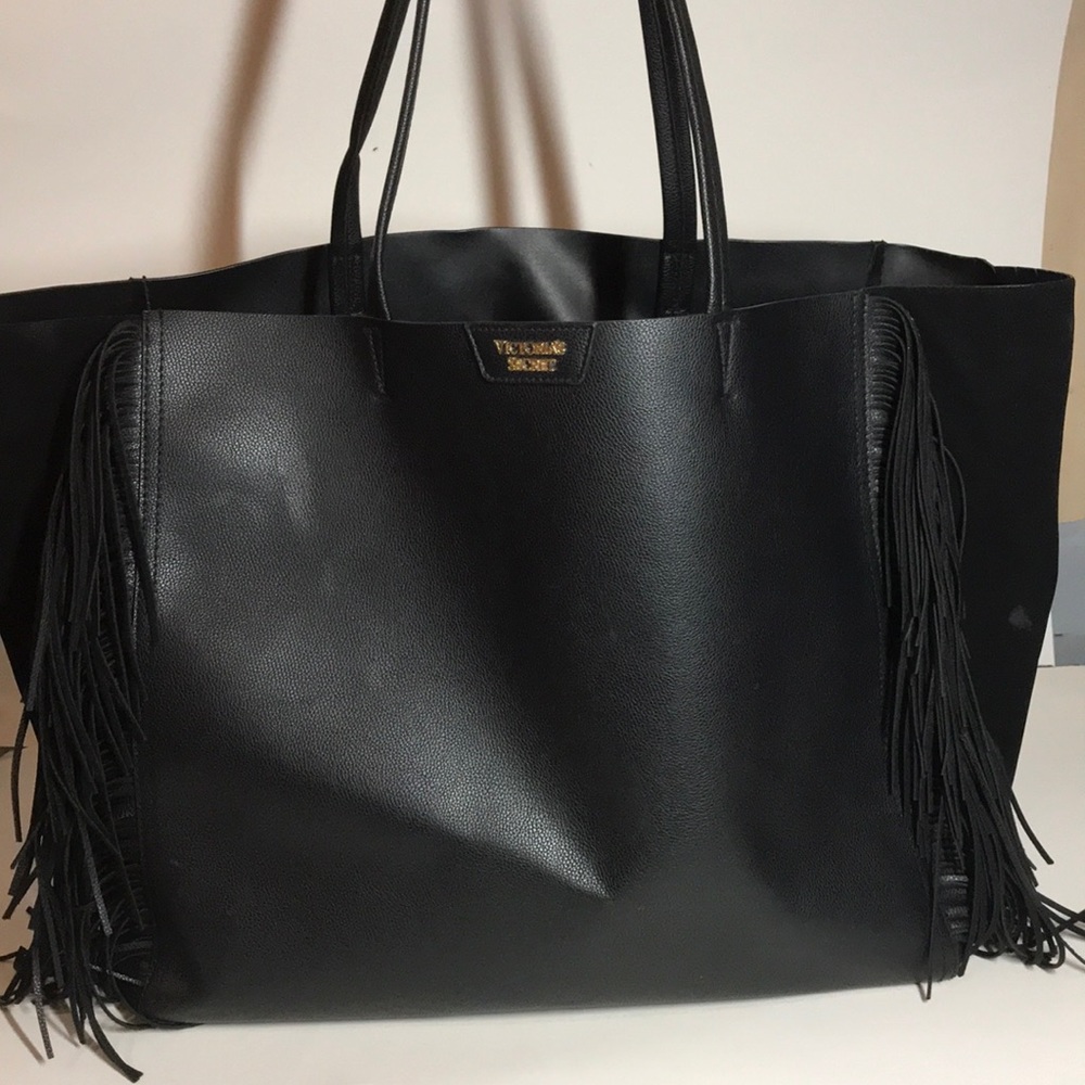 Victoria's Secret Fringe Tote Bag Faux Leather Blk